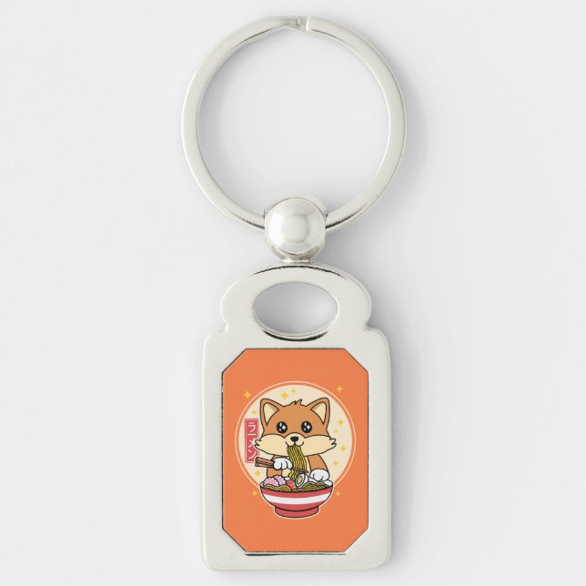 Cute Fox Eating Ramen Kawaii Japanese Food Gift Keychain (Front)