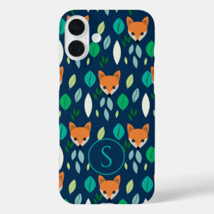 Cute Fox Face Forest Leaf Pattern Monogram iPhone 16 Plus Case