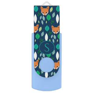 Cute Fox Face Forest Leaf Pattern Monogram Flash Drive