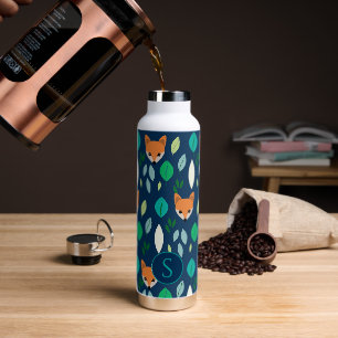 Cute Fox Face Forest Leaf Pattern Monogram Water Bottle
