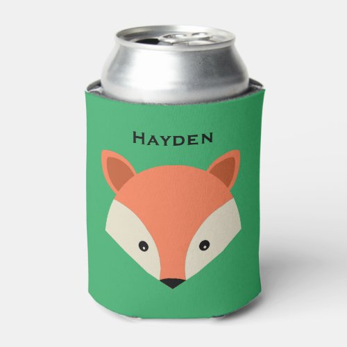 Cute Fox Face on Green Personalised Can Cooler