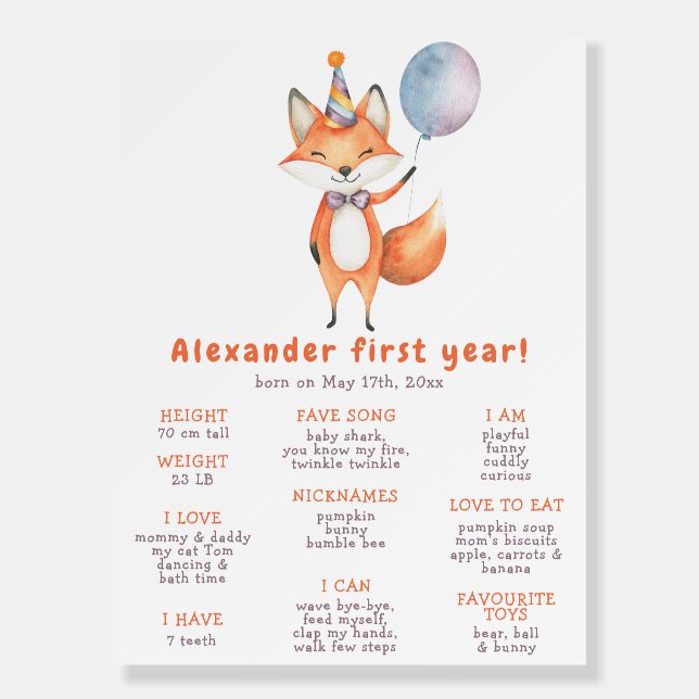 Cute FOX First Birthday Milestone Birthday Foam Board (Front)
