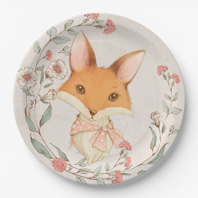 Cute Fox Floral Baby Animals Baby GIrl Shower Paper Plates (Front)