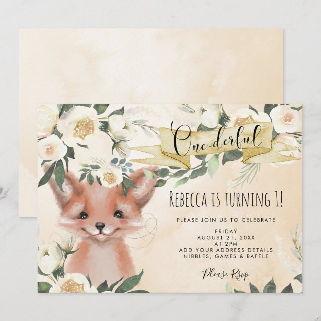 cute fox floral onederful 1st birthday invitation (Front/Back)