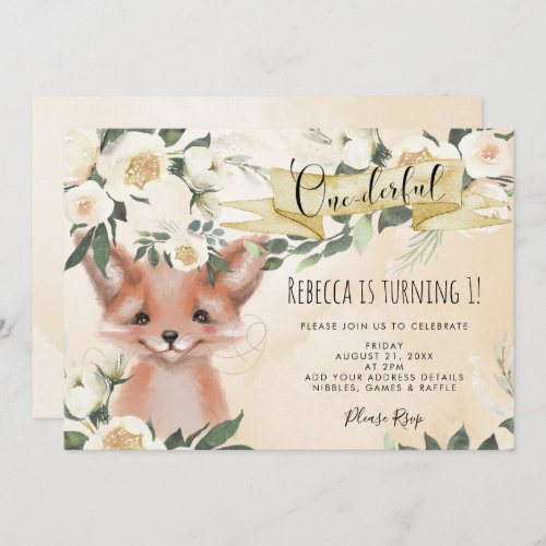 cute fox floral onederful 1st birthday invitation