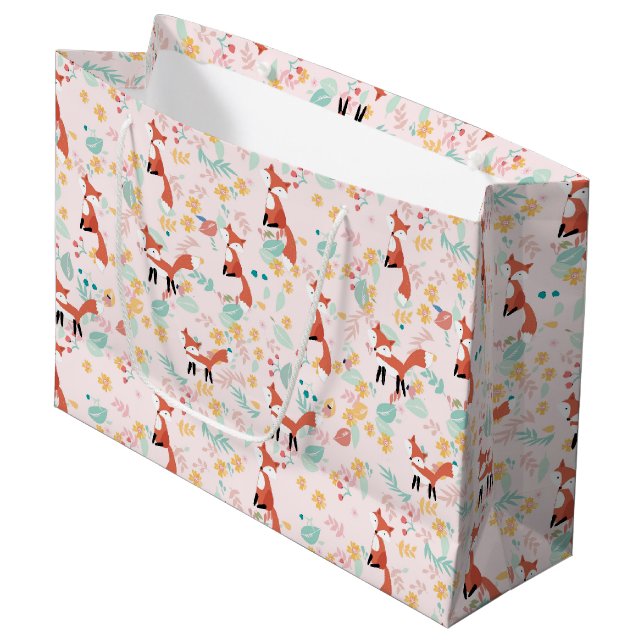 Cute Fox Floral Pink Design Large Gift Bag (Front Angled)