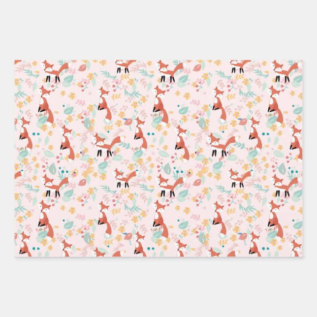 Cute Fox Floral Pink Design  Wrapping Paper Sheets (Front)