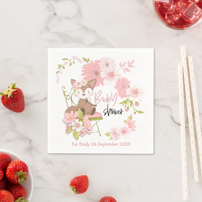 Cute Fox Florals Pink White Name Girl Baby Shower Napkins (Insitu)