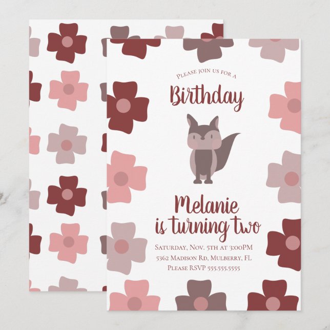 Cute Fox Flowers Birthday Party  Invitation (Front/Back)