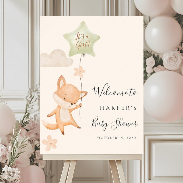 Cute Fox Flying Balloon Baby Shower Welcome Poster (Creator Uploaded)