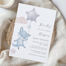 Cute Fox Flying Balloon Blue Boy Baby Shower 