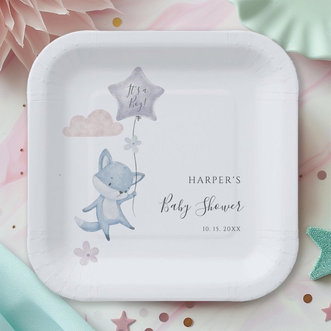 Cute Fox Flying Balloon Boy Baby Shower  Paper Plates (Creator Uploaded)