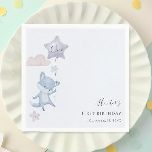 Cute Fox Flying Balloon Boy First Birthday Napkins
