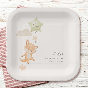 Cute Fox Flying Balloon First Birthday Party Paper Plates