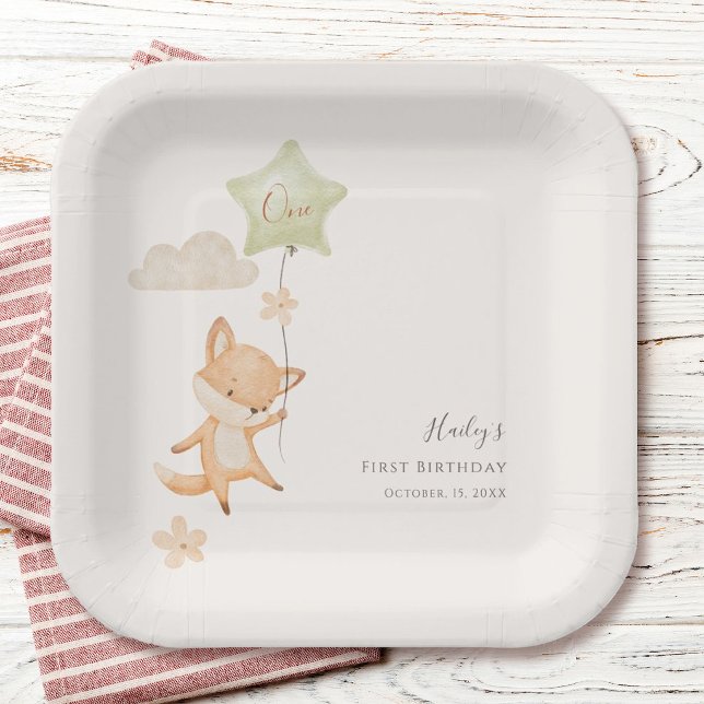 Cute Fox Flying Balloon First Birthday Party Paper Plates (Creator Uploaded)