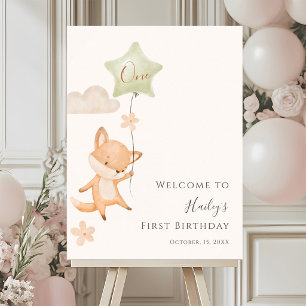 Cute Fox Flying Balloon First Birthday Welcome Foam Board