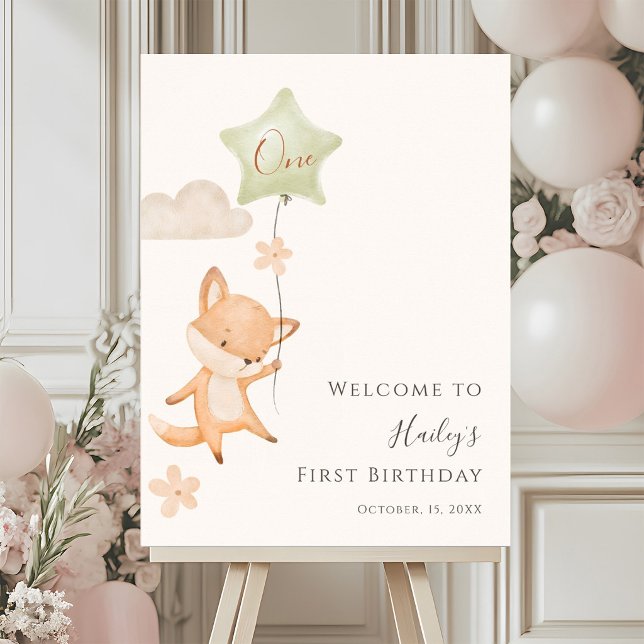 Cute Fox Flying Balloon First Birthday Welcome Foam Board (Creator Uploaded)