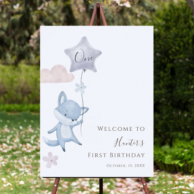 Cute Fox Flying Balloon First Birthday Welcome Foam Board (Creator Uploaded)