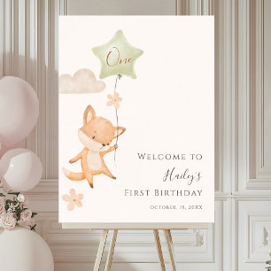 Cute Fox Flying Balloon First Birthday Welcome Poster