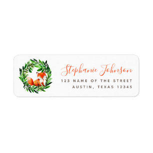 Cute Fox Greenery Wreath Red Script Return Address Label