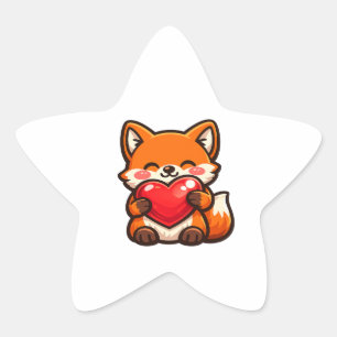 Cute Fox Heart – Kawaii Fox Hugging Red Heart, Cut Star Sticker