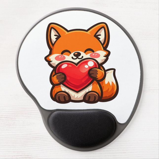 Cute Fox Heart Mouse Pad – Kawaii Fox with Red Hea (Front)