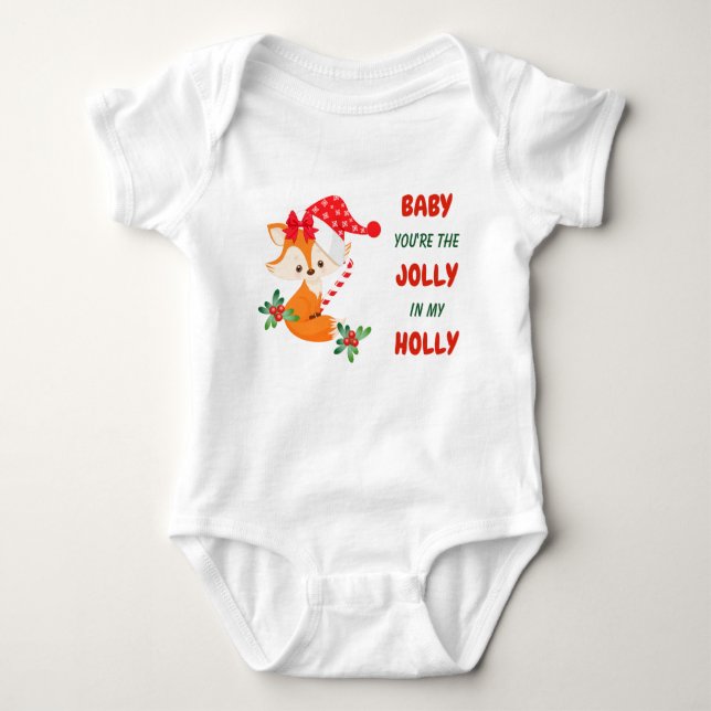Cute Fox Holly Jolly Christmas Baby Bodysuit (Front)