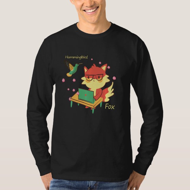 Cute Fox & Hummingbird Sakura Blossom Flower Studi T-Shirt (Front)