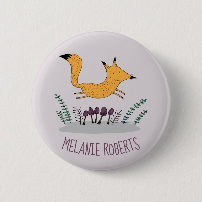 Cute Fox Illustration Kids Name Button (Front)