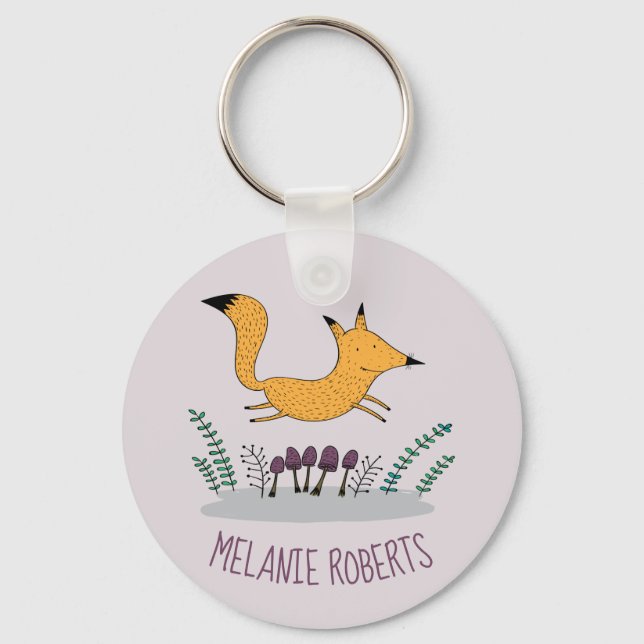 Cute Fox Illustration Kids Name Keychain (Front)