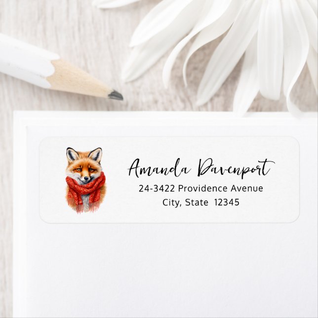 Cute Fox in a Red Scarf Autumn Image Address Label (Insitu)