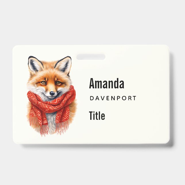 Cute Fox in a Red Scarf Autumn Image Business Badge (Front)