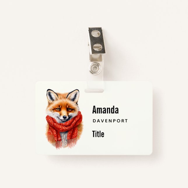Cute Fox in a Red Scarf Autumn Image Business Badge (Front with Clip)