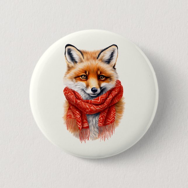 Cute Fox in a Red Scarf Autumn Image Button (Front)