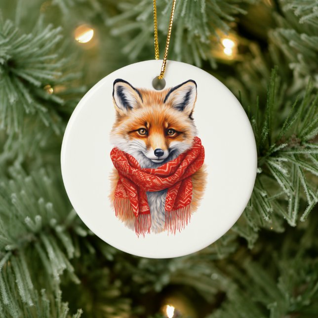 Cute Fox in a Red Scarf Autumn Image Ceramic Ornament (Tree)