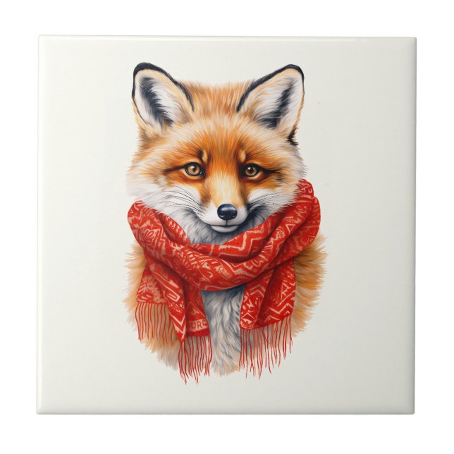 Cute Fox in a Red Scarf Autumn Image Ceramic Tile (Front)