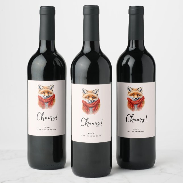 Cute Fox in a Red Scarf Autumn Image Cheers Wine Label (Bottles)