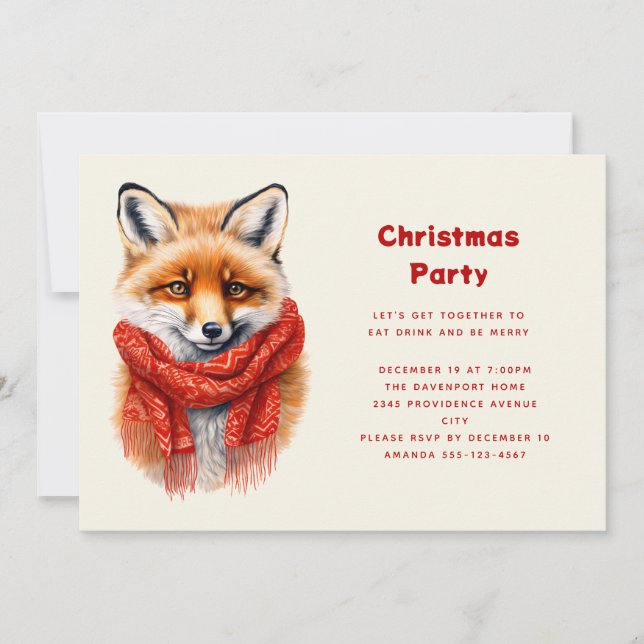 Cute Fox in a Red Scarf Autumn Image Christmas Invitation (Front)
