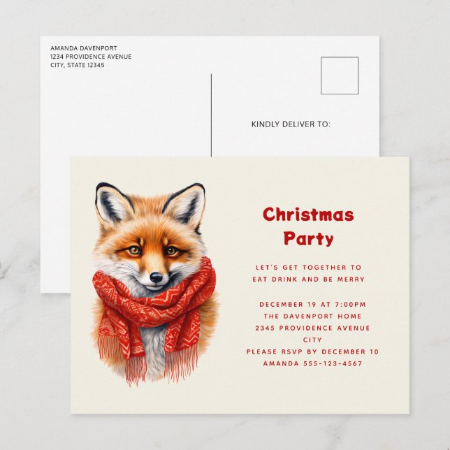 Cute Fox in a Red Scarf Autumn Image Christmas Invitation Postcard (Front/Back)
