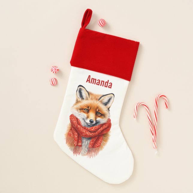 Cute Fox in a Red Scarf Autumn Image Christmas Stocking (Front)