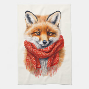Cute Fox in a Red Scarf Autumn Image Kitchen Towel