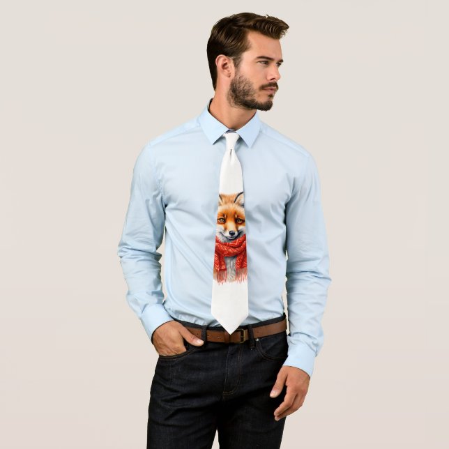 Cute Fox in a Red Scarf Autumn Image Neck Tie (In Situ)