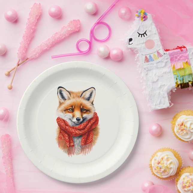 Cute Fox in a Red Scarf Autumn Image Paper Plates (Party)