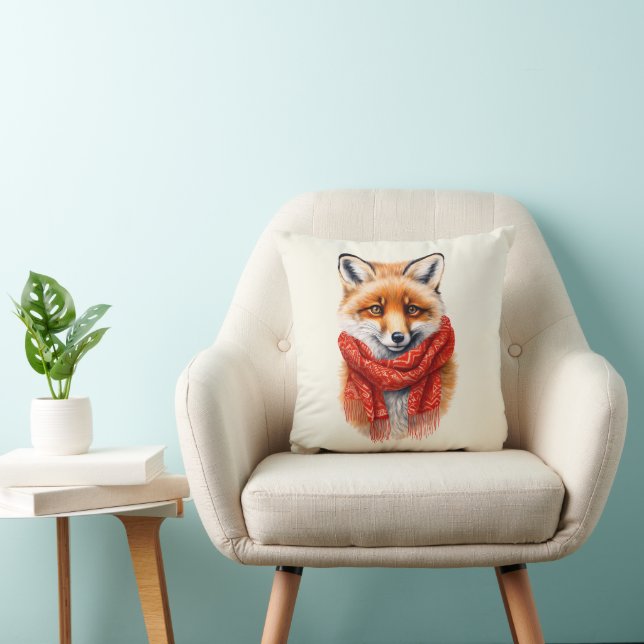 Cute Fox in a Red Scarf Autumn Image Throw Pillow (Chair)