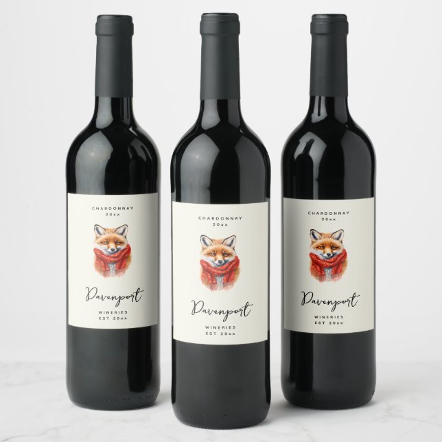 Cute Fox in a Red Scarf Autumn Image Wine Making Wine Label (Bottles)