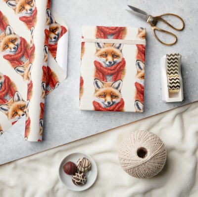 Cute Fox in a Red Scarf Autumn Pattern Wrapping Paper