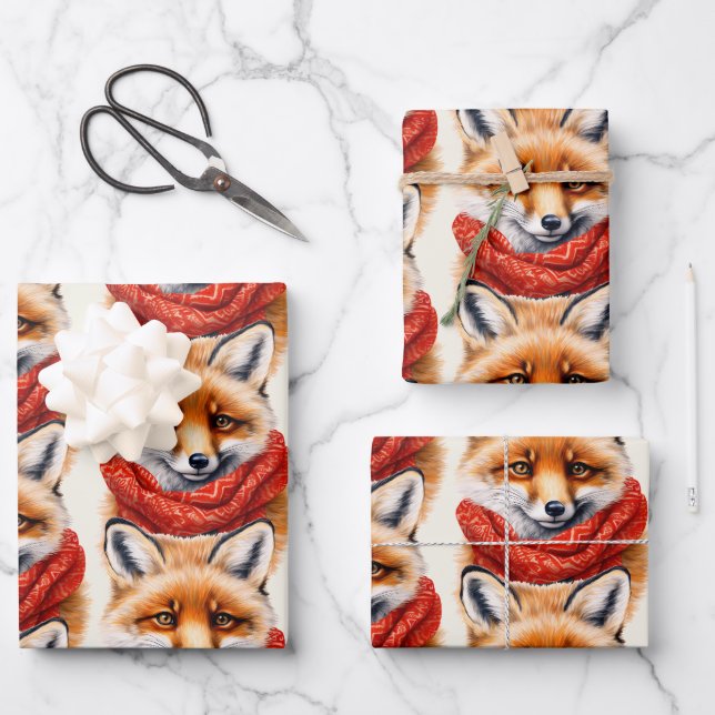 Cute Fox in a Red Scarf Autumn Pattern Wrapping Paper Sheets (Front)