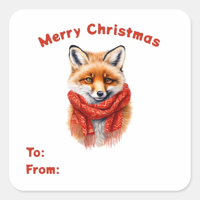 Cute Fox in a Red Scarf To & From Gift Square Sticker (Front)