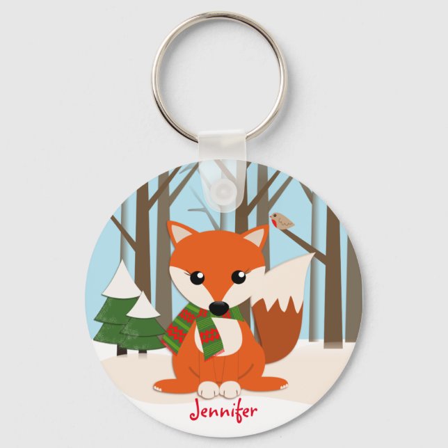 Cute Fox in a snowy forest & custom name Keychain (Front)