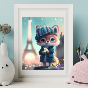 Cute Fox in Blue, Paris Eiffel Tower Personalized Poster
